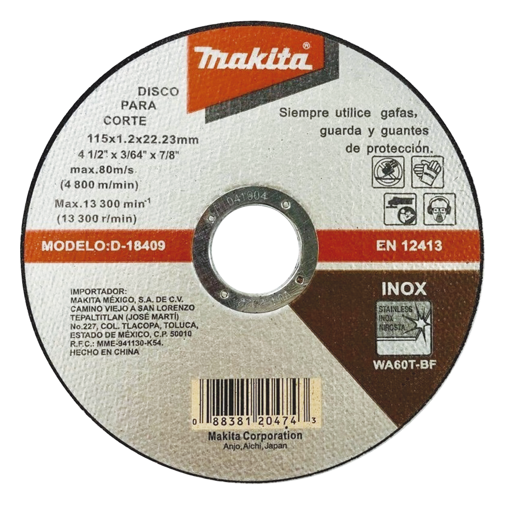 Disco de Corte de 7/8" de acero inoxidable, diámetro de 4-1/2"
