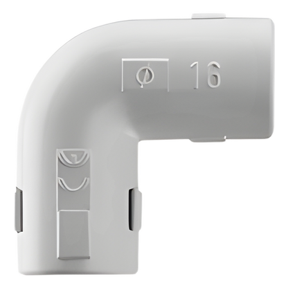 Unión en "L" (Codo) para tubería rígida, recomendado para cable eléctrico, PVC Auto-extinguible, de 16 mm