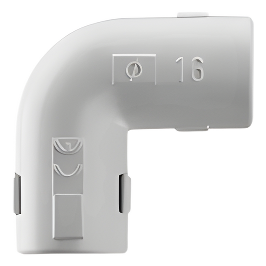 Unión en "L" (Codo) para tubería rígida, recomendado para cable eléctrico, PVC Auto-extinguible, de 16 mm