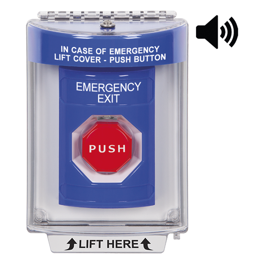 Botón De Salida De Emergencia Con Bocina De Advertencia Integrada, Interior/Exterior, Texto En Ingles, Tapa Protectora De Policarbonato Súper