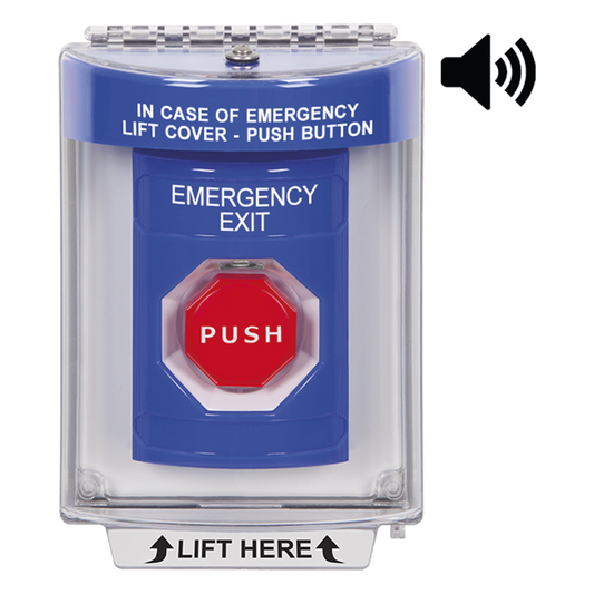 Botón De Salida De Emergencia Con Bocina De Advertencia Integrada, Interior/Exterior, Texto En Ingles, Tapa Protectora De Policarbonato Súper