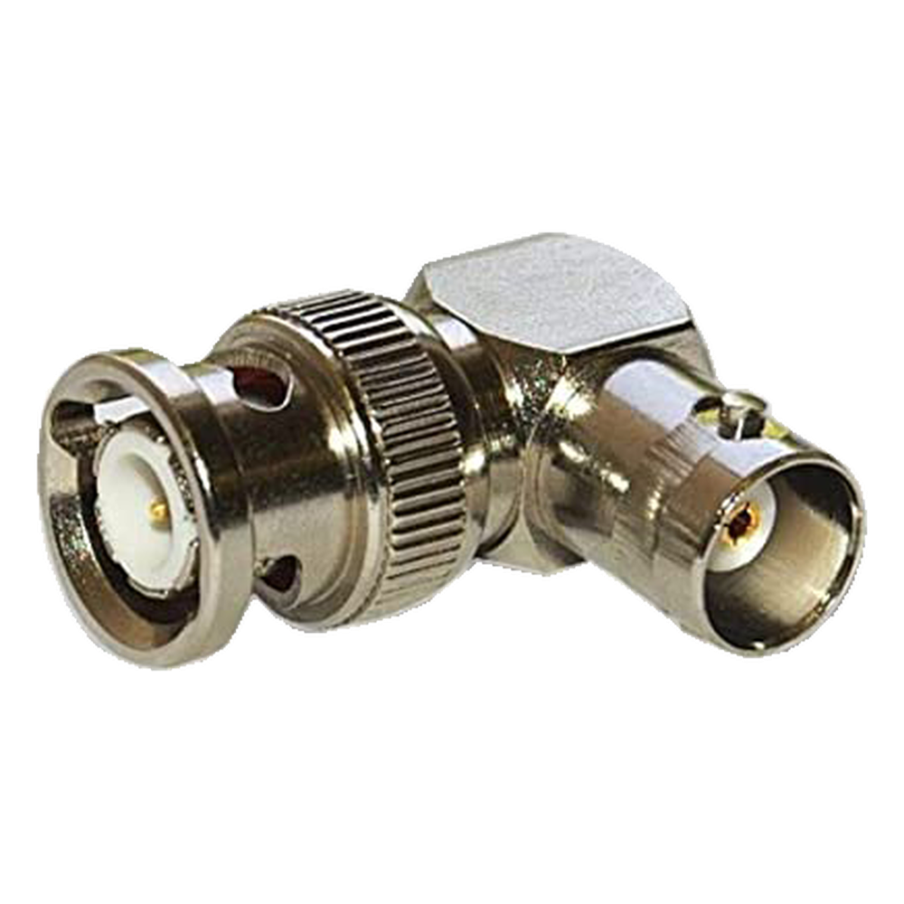 Adaptador RF en Ángulo Recto / Conector BNC Macho a BNC Hembra / 50 Ohm / Cuerpo Bronce Níquel / Contacto Plata / Aislante Teflón