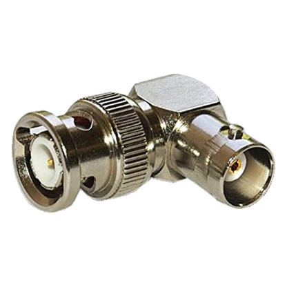 Adaptador RF en Ángulo Recto / Conector BNC Macho a BNC Hembra / 50 Ohm / Cuerpo Bronce Níquel / Contacto Plata / Aislante Teflón
