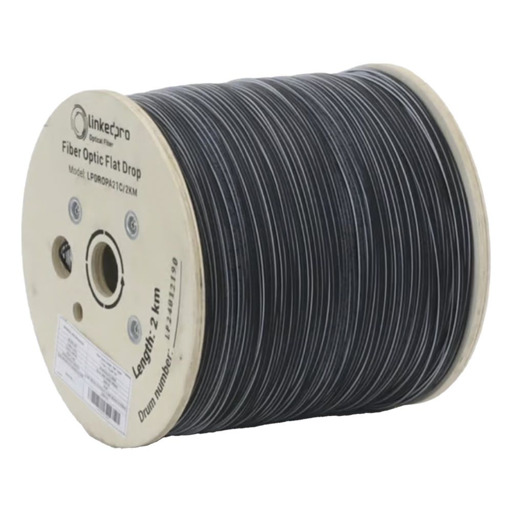 Carrete de 2 Kilómetros de Fibra Óptica Drop Plana, Interior/Exterior G.657A2 Monomodo de 1 Hilo (Unifibra), Dieléctrica, Forro Negro, Compatible con