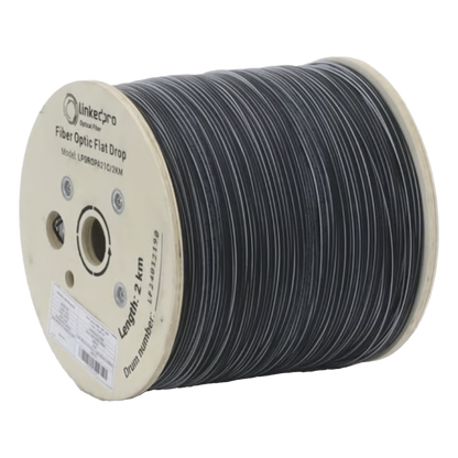 Carrete de 2 Kilómetros de Fibra Óptica Drop Plana, Interior/Exterior G.657A2 Monomodo de 1 Hilo (Unifibra), Dieléctrica, Forro Negro, Compatible con