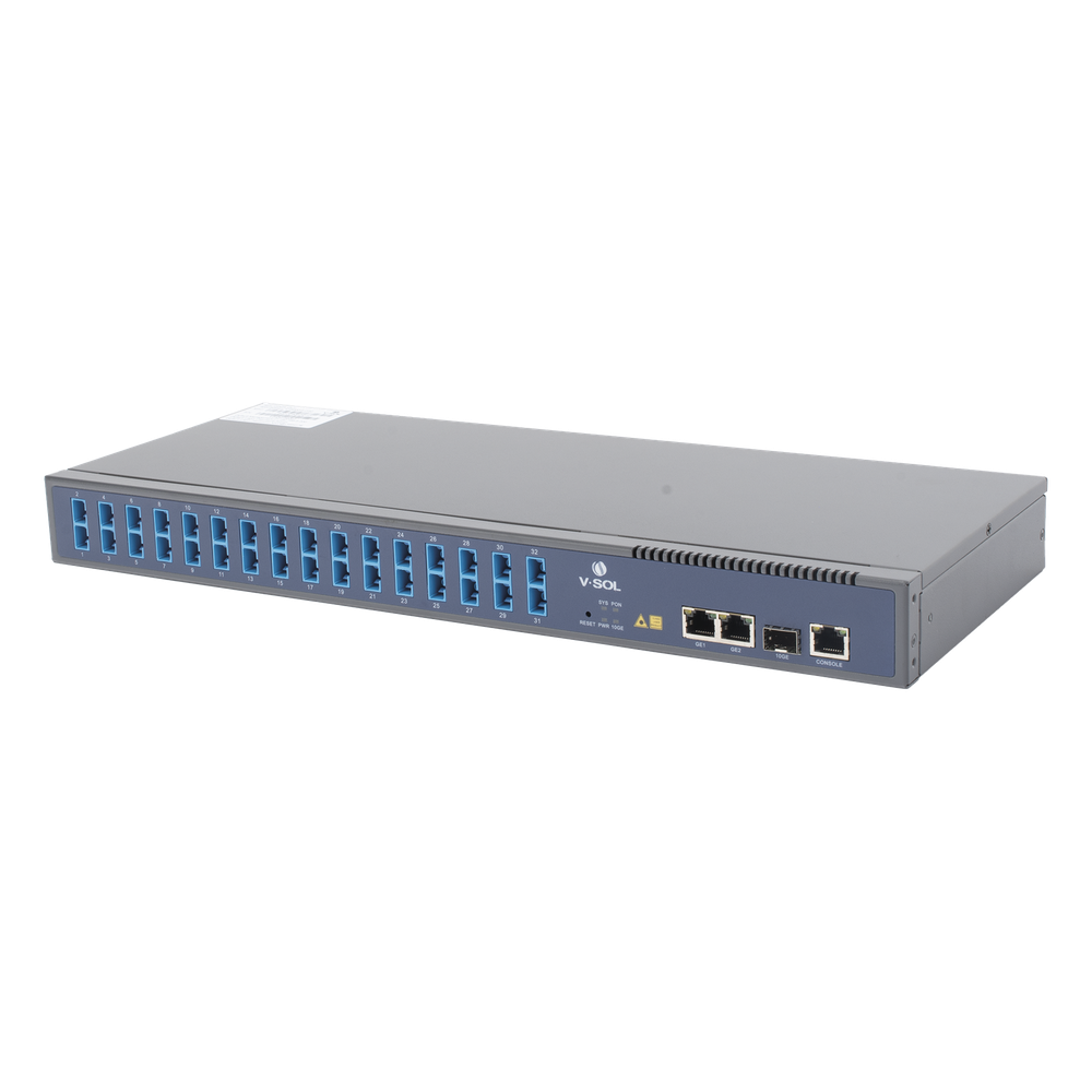 OLT de 1 GPON puerto con Splitter de 1 a 32 SC/UPC Incluido + 3 puertos Uplink (2 puertos Gigabit Ethernet + 1 puerto SFP/SFP+) , hasta 128 ONUS