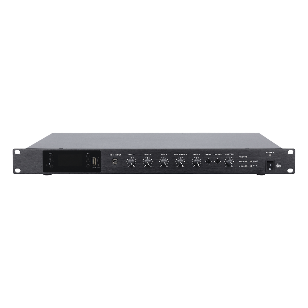 Amplificador de Audio | 1 canal | 350 W | Sistema 100V y Baja Impedancia | 4 Entradas de Micrófono Balanceadas | Bluetooth | USB | SD | FM | Montaje