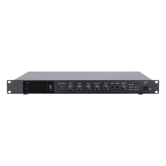 Amplificador de Audio | 1 canal | 350 W | Sistema 100V y Baja Impedancia | 4 Entradas de Micrófono Balanceadas | Bluetooth | USB | SD | FM | Montaje