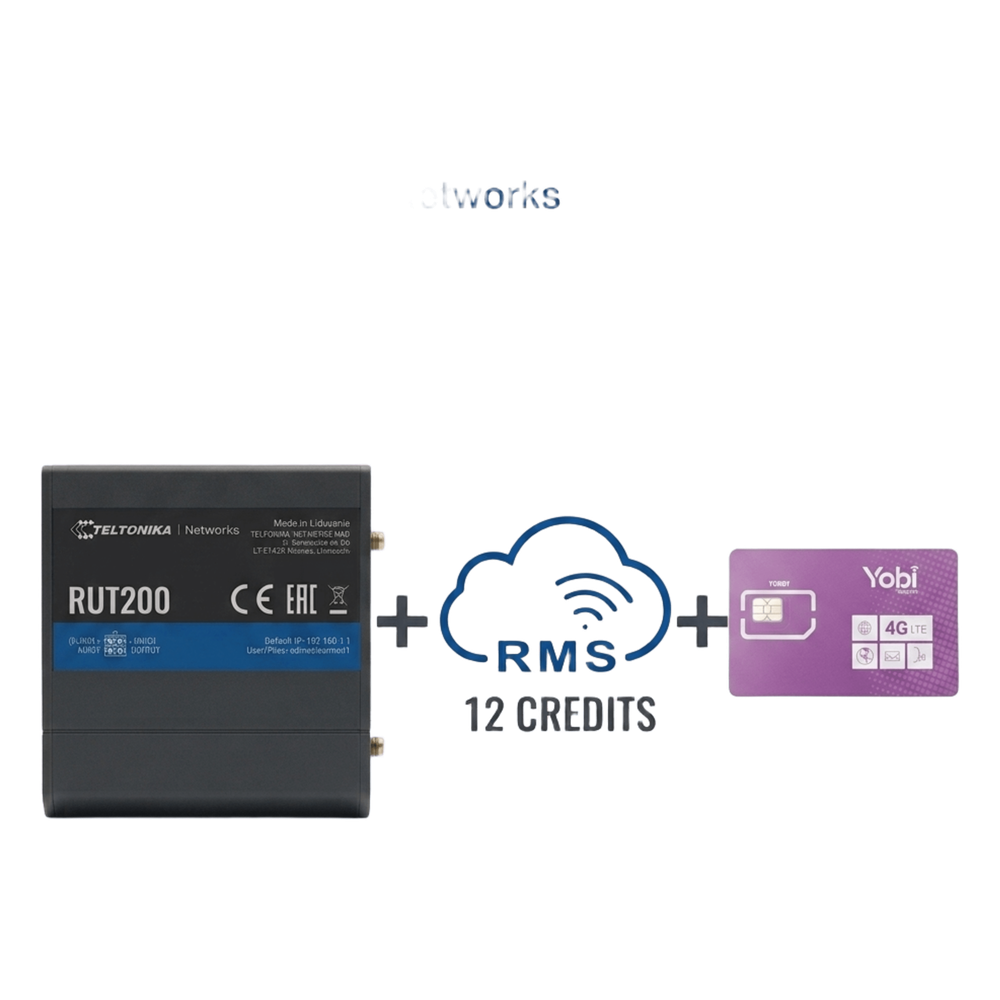 Router Teltonika LTE/4G RUT200 + 12 creditos RMS + SIM de YOBI de 1GB por Mes durante un año de servicio (solo datos)