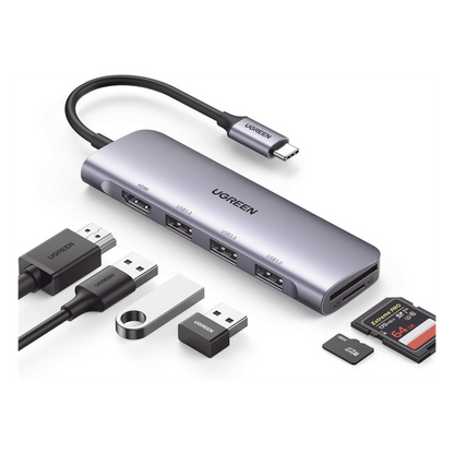 HUB USB-C (Docking Station) 6 en 1 | HDMI 4K@30Hz | 3 Puertos USB 3.0 | Lector Tarjeta SD + Micro SD (TF) Uso Simultáneo | Chip de Última Generación
