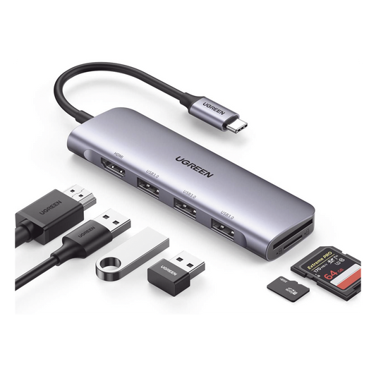 HUB USB-C (Docking Station) 6 en 1 | HDMI 4K@30Hz | 3 Puertos USB 3.0 | Lector Tarjeta SD + Micro SD (TF) Uso Simultáneo | Chip de Última Generación