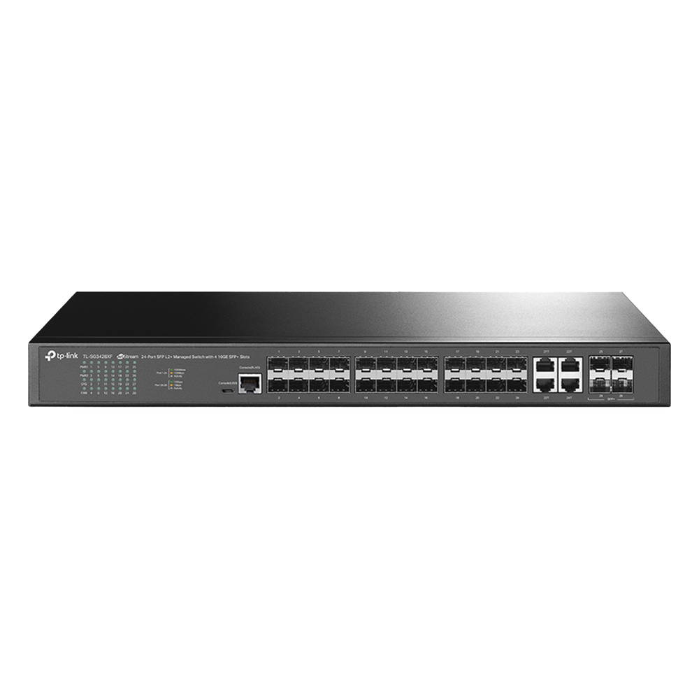 Switch de Fibra Óptica L2+ Omada / 24 puertos SFP 1GE / 4 Puertos Combinados SFP+/RJ45 Gigabit / 2 Puertos Consola RJ45|micro-SUB / Administración