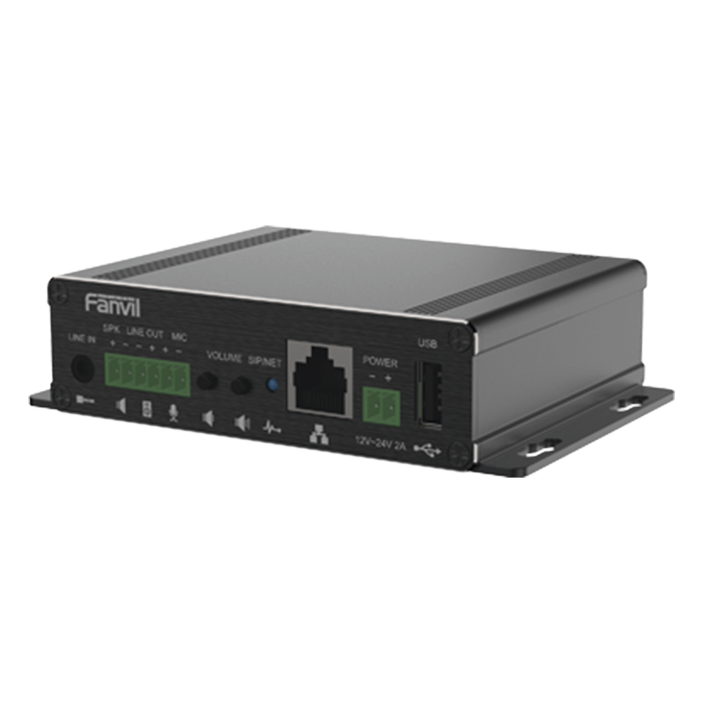 Gateway para Voceo IP/SIP, Entrada de audio (3.5mm), salida de amplificador integrado de hasta 30W, puerto USB (reproducción de MP3),