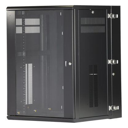 Gabinete PanZone de Montaje en Pared, de 19in, Puerta con Ventana de Seguridad, 18 UR, 635mm de Profundidad, Color Negro