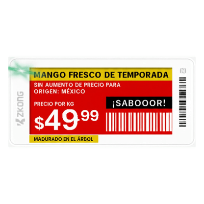 Etiqueta de Estantería Electrónica ESL ZKE21B / Pantalla EPD 2.13 Pulgadas / Resolución 122x250 Píxeles / 4 Colores (Negro Blanco Rojo Amarillo)