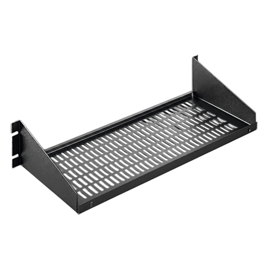 Charola para Rack 19 Pulgadas, Capacidad de Carga 34 kg, Base Ventilada, Acero Dulce Color Negro, 2 UR, Dimensiones 482x381x95 mm