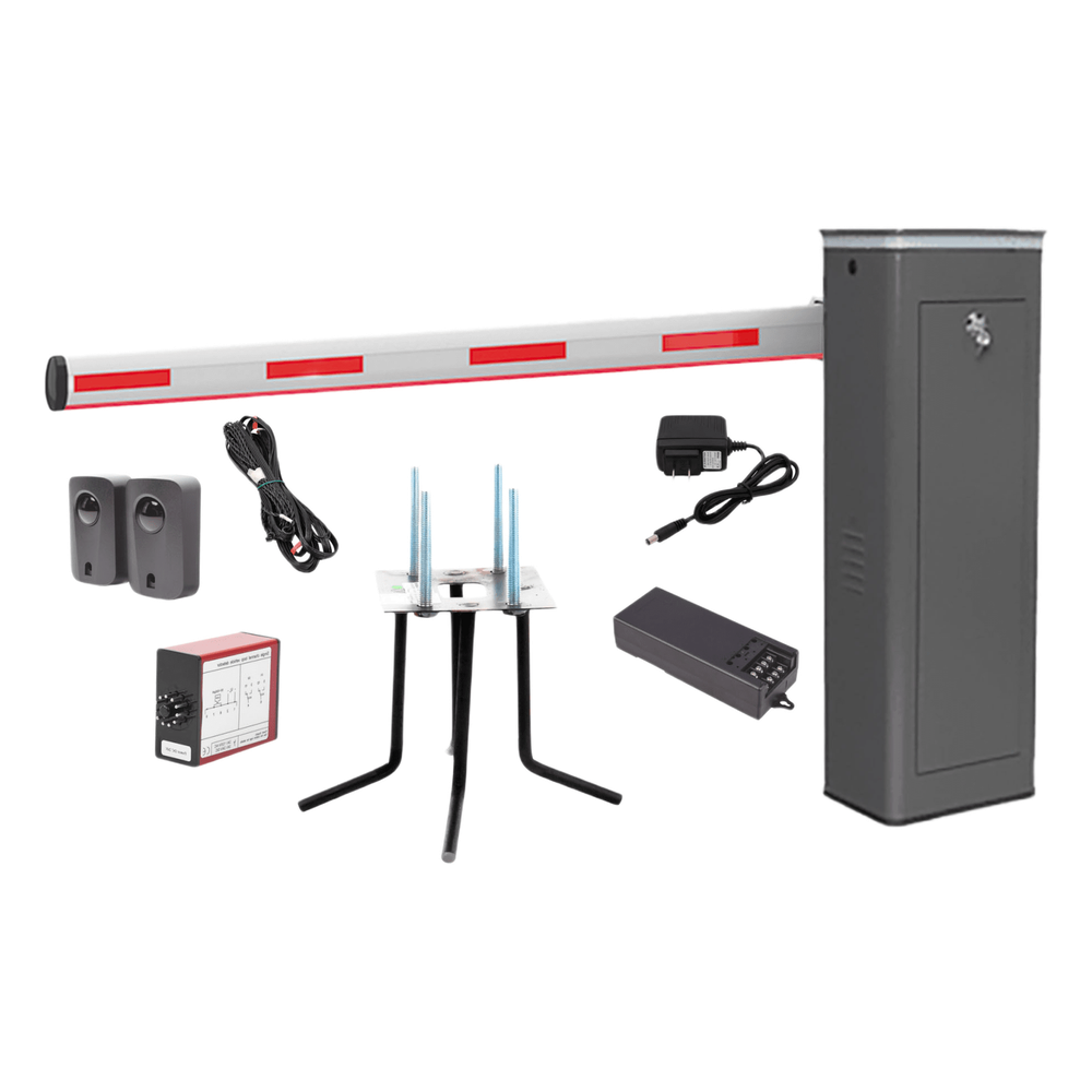 Kit COMPLETO Barrera Izquierda XBS Con Corona LED / Brazo Iluminado de 5M / Incluye Sensor de Masa, Transformador, Lazo Magnético, Ancla, Fotoceldas