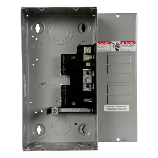 Centro de carga monofásico para sobreponer. 1 Fase, 3 Hilos para interruptores QT, de 4 polos - 8 Circuitos, 120/240vca, Barras de aluminio 125 Amp