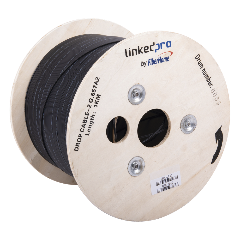 Carrete de 1 km de Fibra Óptica Drop, Interior/Exterior G.657A2 Monomodo de 2 Hilos (Bifibra), Diseñada para Fusionarse, Dieléctrica, Forro Negro