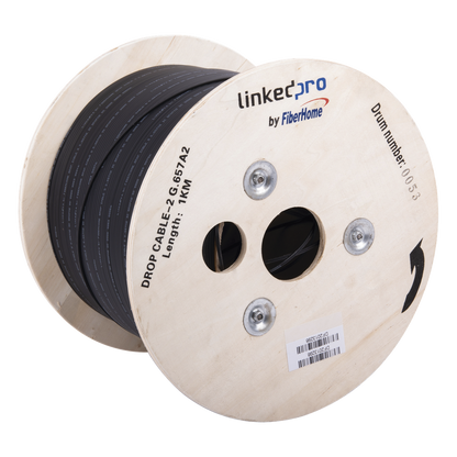 Carrete de 1 km de Fibra Óptica Drop, Interior/Exterior G.657A2 Monomodo de 2 Hilos (Bifibra), Diseñada para Fusionarse, Dieléctrica, Forro Negro