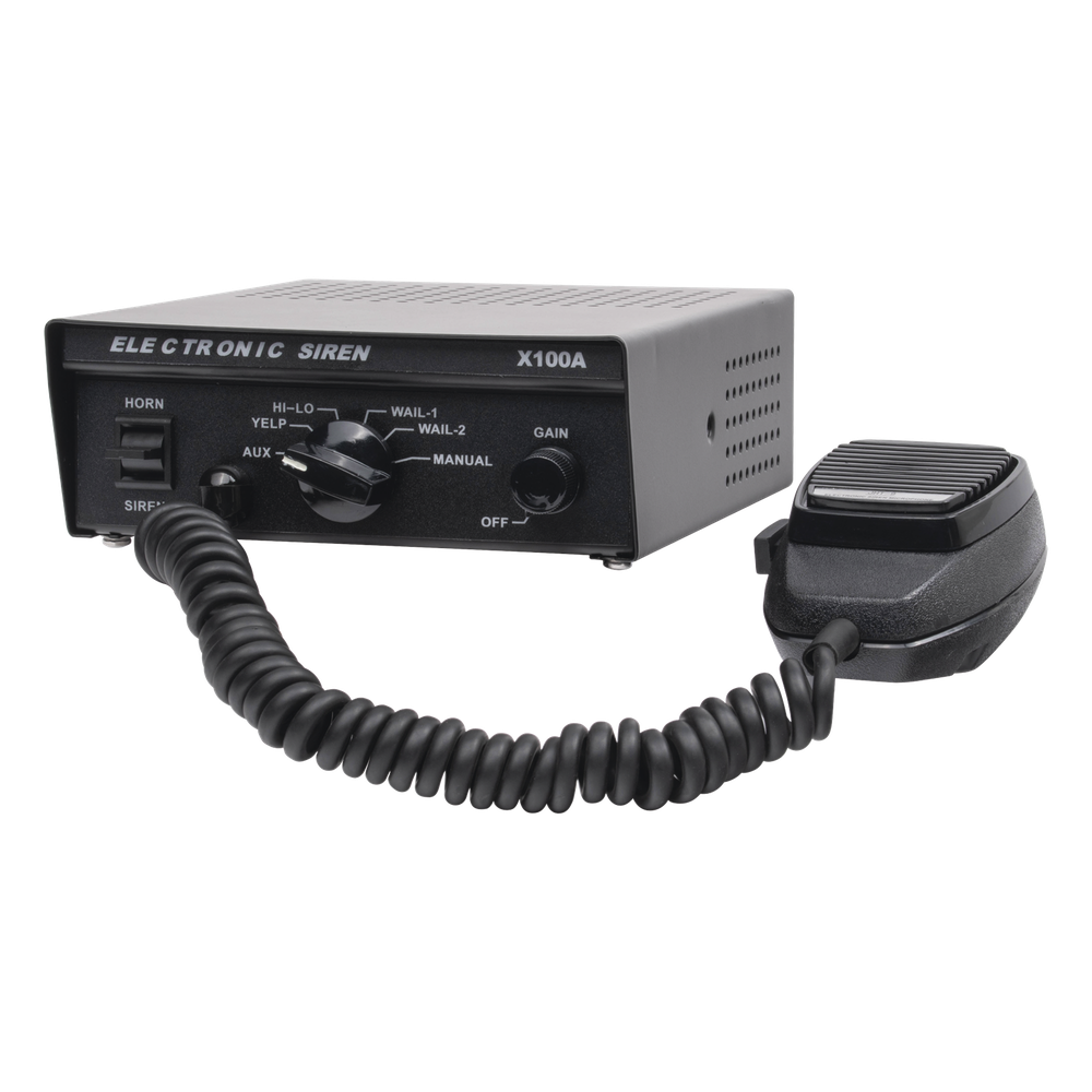 Sirena Vehicular de 100W de Potencia, Con Switch Giratorio de 6 posiciones y Micrófono Integrado de Uso Rudo