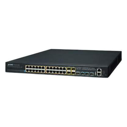 Switch Administrable Stacking Capa 3, 24 Puertos PoE 802.3af/at 10/100/1000T, Hasta 370 W, 4 Puertos 10G SFP+