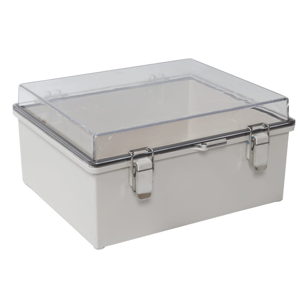 Gabinete Plástico ABS, Puerta Transparente, Uso en Intemperie IP66 (190 x 290 x 140 mm) cierre por Broche Inoxidable y Permite Cerrado con Candado y
