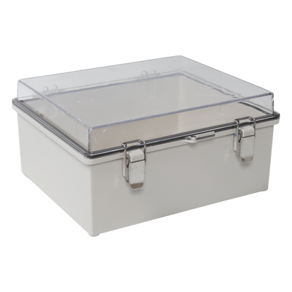 Gabinete Plástico ABS, Puerta Transparente, Uso en Intemperie IP66 (190 x 290 x 140 mm) cierre por Broche Inoxidable y Permite Cerrado con Candado y