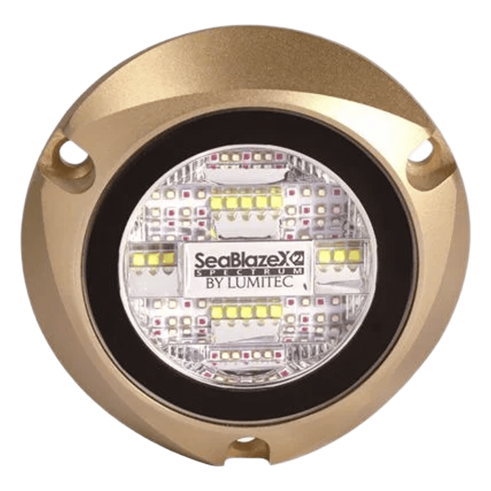 Luz led marina sumergible SeaBlaze X2, emite luz de color blanco y azul de 6000 lúmenes, fabricada en bronce naval con grado de protección IP68