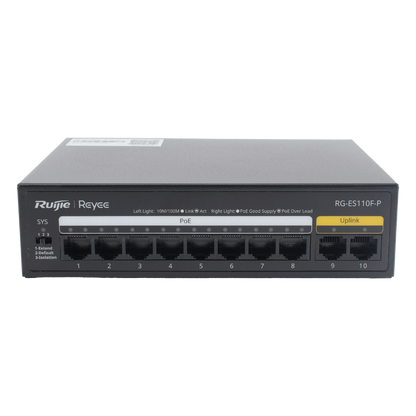 Switch PoE+ no Administrable, Hasta 110 Watts, 8 puertos PoE+ y 2 Uplinks 10/100