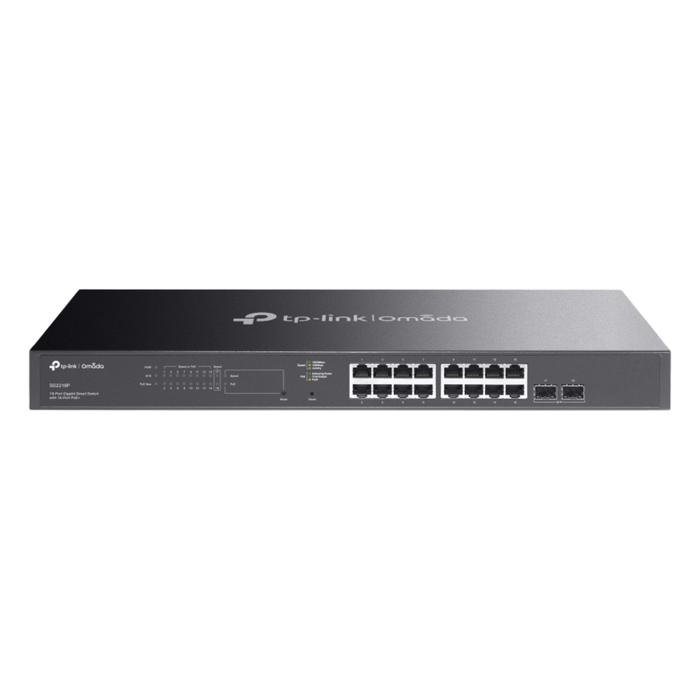 Switch Smart Omada 18 Puertos Gigabit / 16 Puertos PoE+ 802.3af/at / 2 Ranuras SFP Gigabit / Presupuesto PoE 150 W / Switching 36 Gbps / Enrutamiento