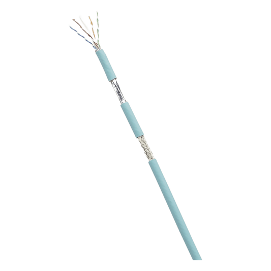 Bobina de Cable Blindado SF/UTP Categoría 6A, Uso Industrial con Resistencia al Aceite y Rayos UV, Multifilar 24/7 (Flexible), Color Azul Cerceta