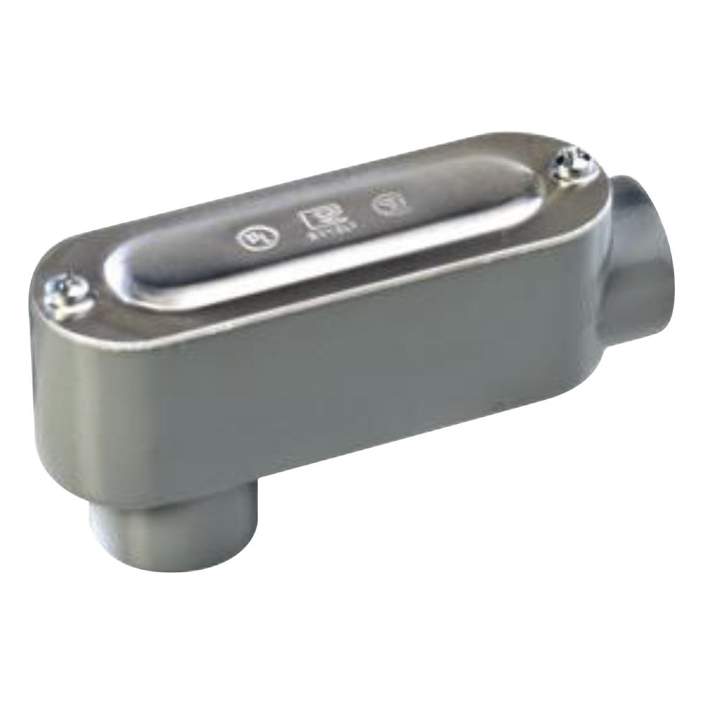 Caja oval roscada tipo LB de 1 1/2" (38.1mm) incluye tapa y tornillos.