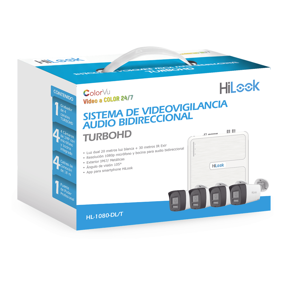 Kit TurboHD 1080p / DVR 4 canales / 4 Cámaras Bala de Policarbonato / Audio Bidireccional / Dual Light (IR + Luz Blanca) / H.265+ / 1 Fuente de Poder