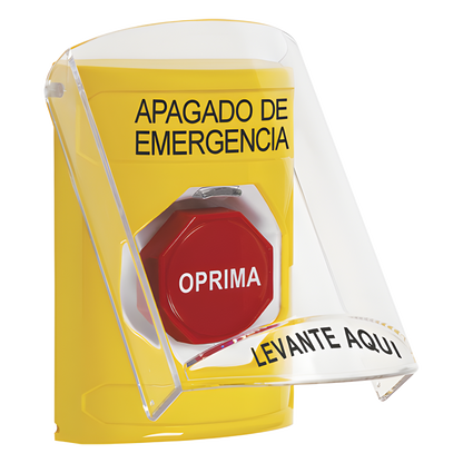 Botón de Apagado de Emergencia, Texto en Español, Tapa Protectora de Policarbonato Súper Resistente, Restablecimiento con Llave