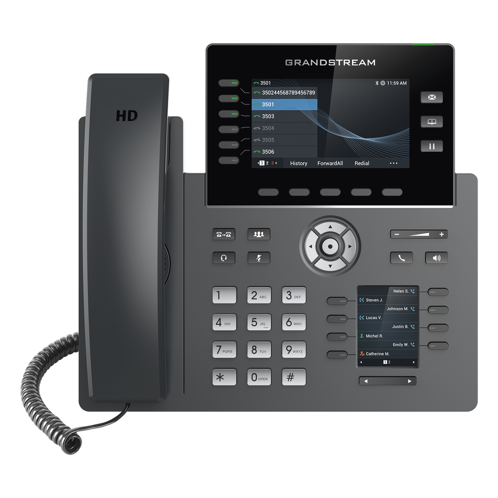 Teléfono IP Wi-Fi, Grado Operador, 6 líneas SIP con 6 cuentas, pantalla a color 4.3", puertos Gigabit, Bluetooth, PoE, codec Opus, IPV4/IPV6 con