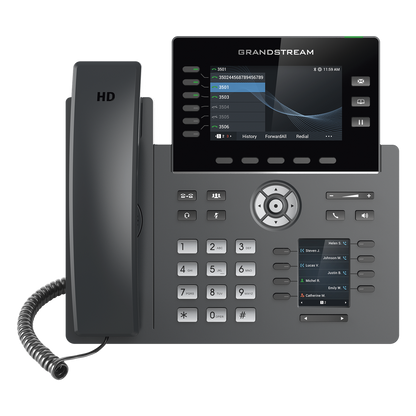 Teléfono IP Wi-Fi, Grado Operador, 6 líneas SIP con 6 cuentas, pantalla a color 4.3", puertos Gigabit, Bluetooth, PoE, codec Opus, IPV4/IPV6 con