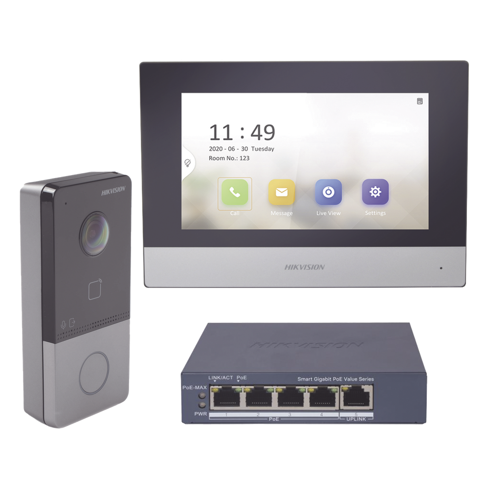 Kit de Videoportero IP + Switch PoE Estándar con llamada a App de Smartphone (HikConnect) / Apertura con tarjeta MIFARE / Frente de calle IP65