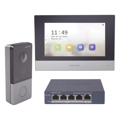 Kit de Videoportero IP + Switch PoE Estándar con llamada a App de Smartphone (HikConnect) / Apertura con tarjeta MIFARE / Frente de calle IP65