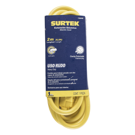 Extensión Eléctrica de Uso Rudo 2 metros / 127 V CA 10 A Máximo / Color Amarillo.