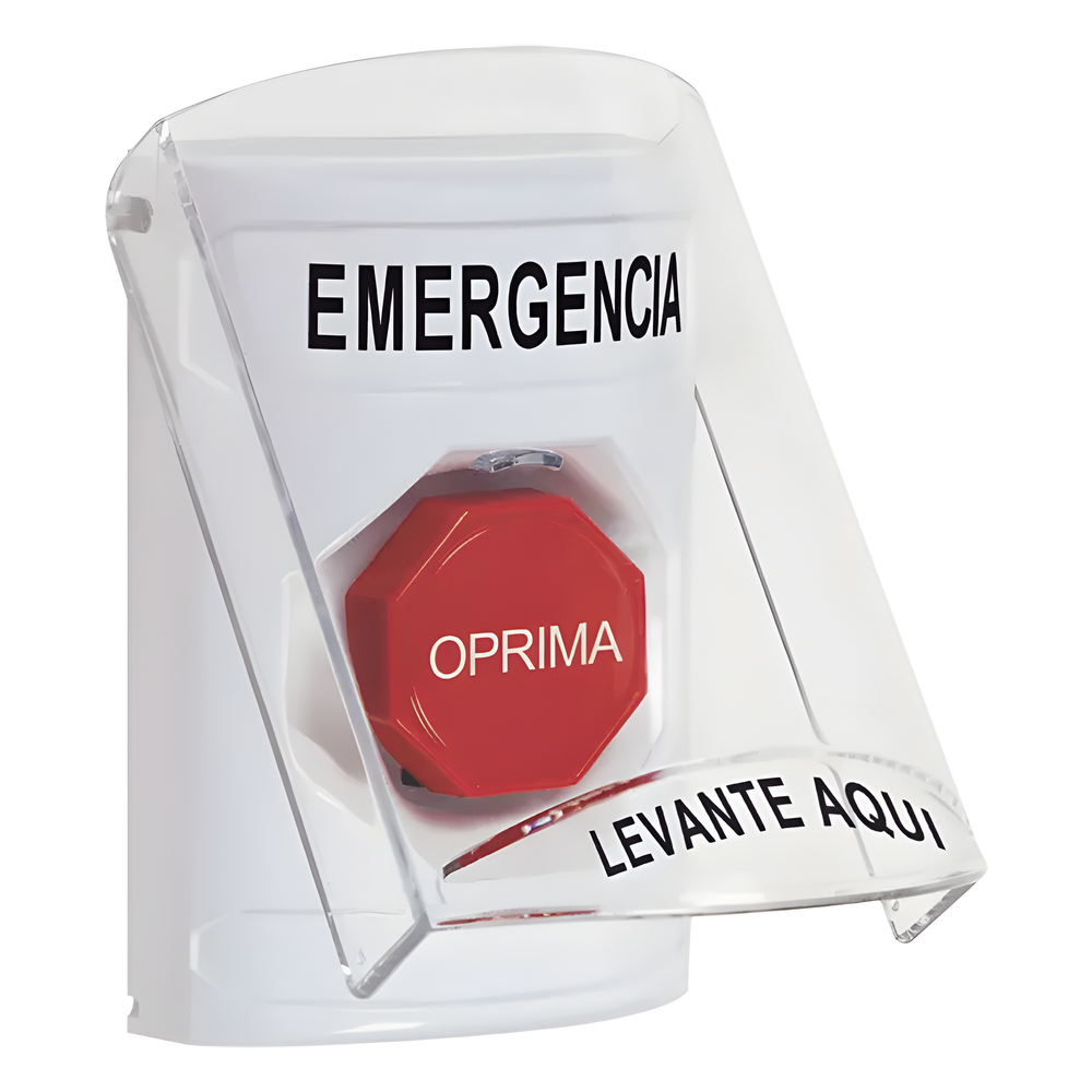 ​Botón Multipropósito, Color Blanco, De Superficie, Con Tapa De Policarbonato, Con Bocina Pre Alarma, Solo Interior, Llave Para Restablecer, Texto De