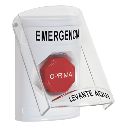 ​Botón Multipropósito, Color Blanco, De Superficie, Con Tapa De Policarbonato, Con Bocina Pre Alarma, Solo Interior, Llave Para Restablecer, Texto De