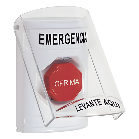 ​Botón Multipropósito, Color Blanco, De Superficie, Con Tapa De Policarbonato, Con Bocina Pre Alarma, Solo Interior, Llave Para Restablecer, Texto De