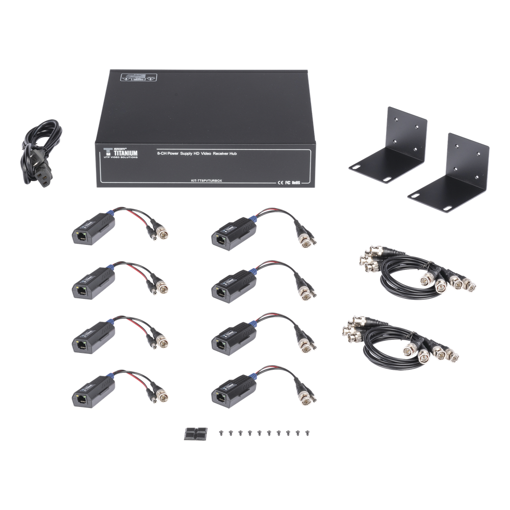 Kit de TRANSCEPTOR ACTIVO DE 8 CANALES / VIDEO+PODER en un solo Cable UTP / 150 metros en 4K, 200 metros en 5 MP/ Envía 36 Vcc y Recibe 12 Vcc / TODO
