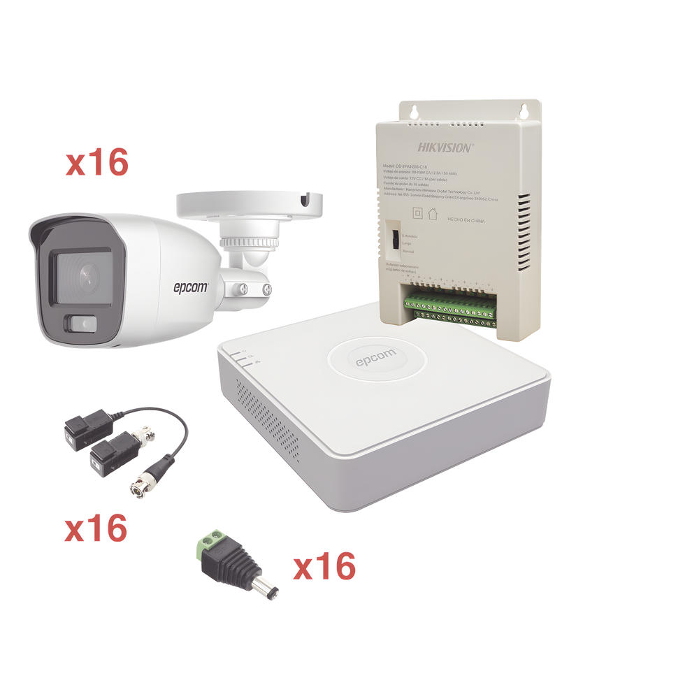 Kit TurboHD 1080p Lite / DVR 16 Canales / 16 Cámaras Bala Exterior ( 2.8mm) con ColorVu + Micrófono Integado / Transceptores / Conectores / Fuente de