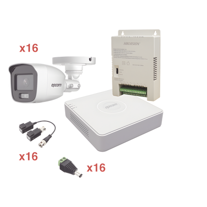 Kit TurboHD 1080p Lite / DVR 16 Canales / 16 Cámaras Bala Exterior ( 2.8mm) con ColorVu + Micrófono Integado / Transceptores / Conectores / Fuente de