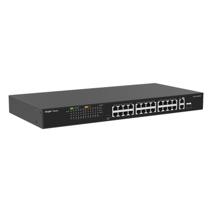 Switch PoE+ no Administrable, hasta 370 Watts Ideal para CCTV, 24 Puertos 10/100 PoE+, 2 Uplinks Gigabit (1 SFP COMBO)