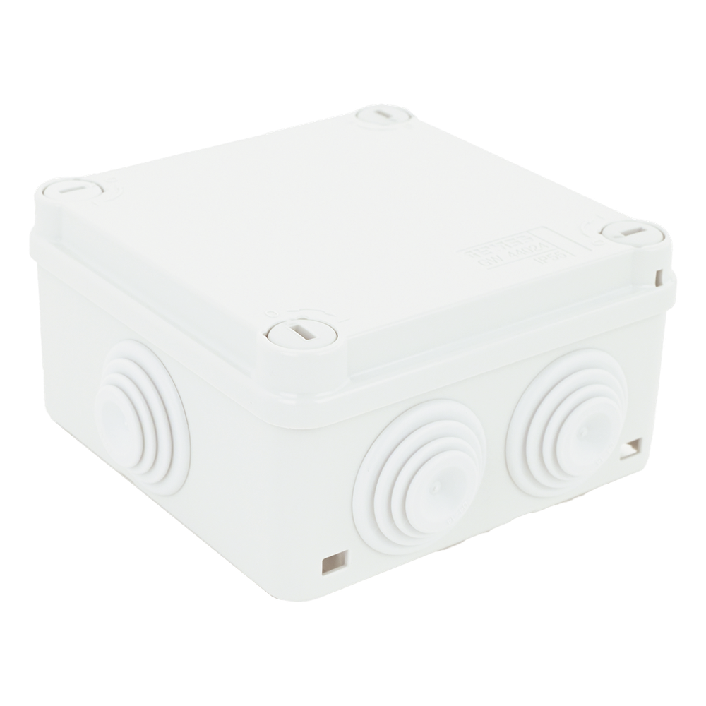Caja Estanca de PVC Para Derivación y Conexión, 6 Entradas, Tapa con Tornillo de 1/4" de Vuelta, 100x100x50 mm (Área Interna), Uso Exterior IP55