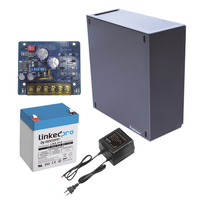 Kit con fuente PLB2 con salida de 12 Vcc a 1.5 Amper, incluye transformador y batería de 12 V a 5.5 Amper