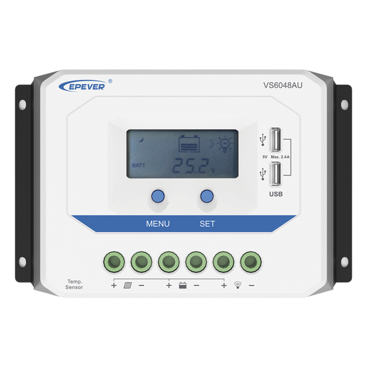 Controlador Solar PWM / 60A / 12/24V/36/48V / Doble USB / Pantalla LCD / Tierra Positivo Común
